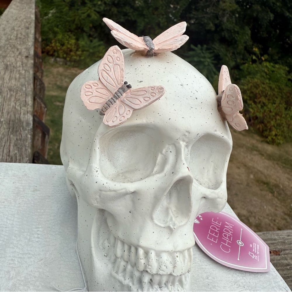 NEW Halloween Book Skull Stack Hocus Pocus Decor Butterflies White Pastel Pink - Picture 2 of 5